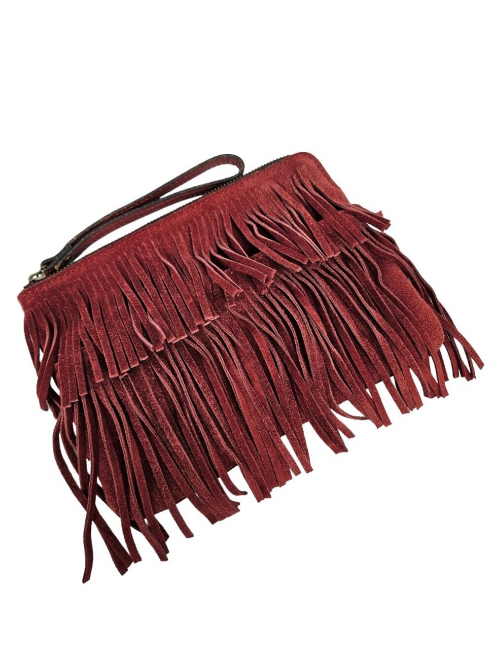 Patricia Nash Cassini Wine Red Suede Leather Fringe Wristlet Clutch